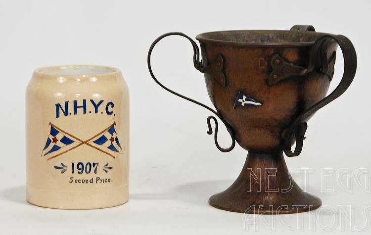 New Haven Yacht Club Trophy And Mug 1907 & 1909: Group of two award pieces presented in 1907 & 1909. Lot includes: Ceramic tankard mug for second prize in 1907. Presumably for the New Haven Connecticut New Haven Yacht Club Annual Reg