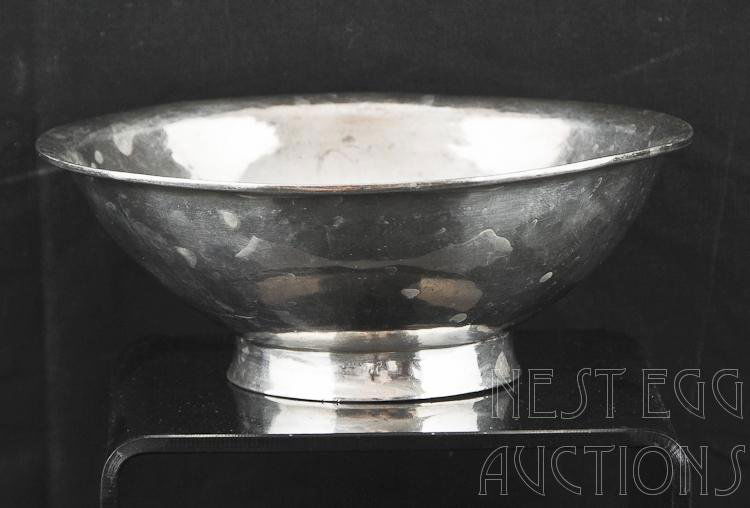 James Woolley Sterling Silver Bowl 6 OZT: James Woolley hand hammered sterling Silver Arts & Crafts bowl. Rollover edge. Collared Base. Boston, circa 1910. Approximately 6 ozt. 2 5/8 high x 5 7/8.