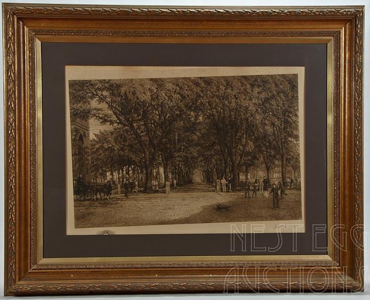 Robert Wiseman, Large Scale Print, New Haven: Robert Wiseman signed Lithographed depicts arcade of elms, New Haven green, Yale College, churches on the green. Dated 1891. Good over all. Minor toning and foxing. Not inspected out of frame. M