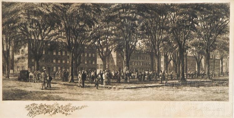 Robert Wiseman Signed Print Yale College: Image of Yale College, and students gathering around The Yale Fence around the time of the Yale Harvard game. Signed by Robert Wiseman, dated 1890. Minor, but uniform toning. Good ov