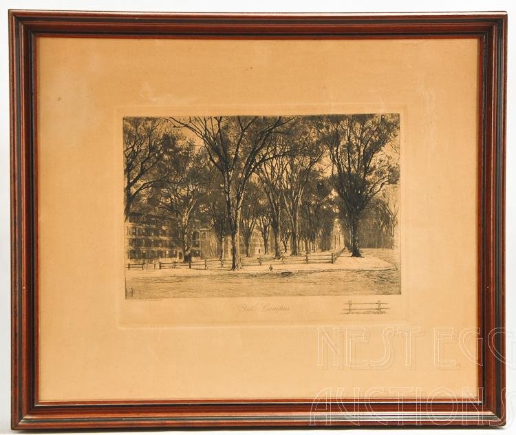 Lithograph Of Yale Campus Ellen Oakford: Framed lithograph of Yale Campus, original etching by Ellen Oakford. Not inspected out of frame. Nice overall, uniform toning. Measures approximately 22" x 26"
