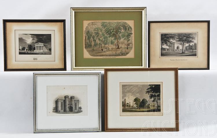 Group Of 5 New Haven And Yale Framed Pieces: Group of 5 lithographs, prints, et al, featuring New Haven and Yale University. Not inspected out of frames. Condition varies from good to fair. Approximate measurements range from 1