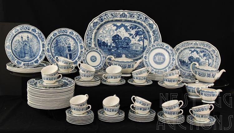 120 Piece Group Of Wedgwood China Yale Pattern 1931: Wedgewood china Yale pattern partial dinner service. Circa 1931. Blue transfer, with all twelve scenes represented. All titled on underside. 120 pieces total. Including: 34 Tea cup saucers 29 Tea cups