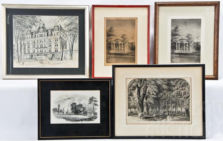 5 New Haven Connecticut Area Illustrations: Group of illustrations featuring buildings and scenes from New Haven Connecticut, Yale University, and the surrounding area. Prints done on paper, and on linen or silk. Not inspected out o