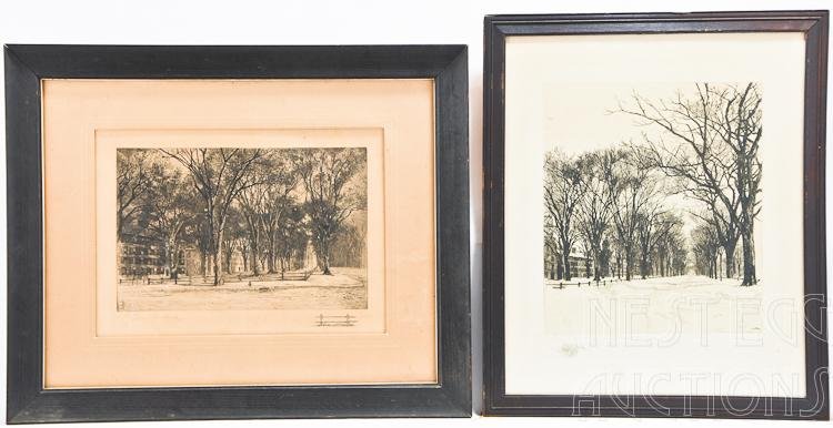 Two Prints by Ellen Oakford New Haven &Yale: Group of two prints by Ellen Oakford. Each is signed, one is dated 1888. One features the "Arcade of Elms." On the New Haven Green. The other features a view of Yale Colleg