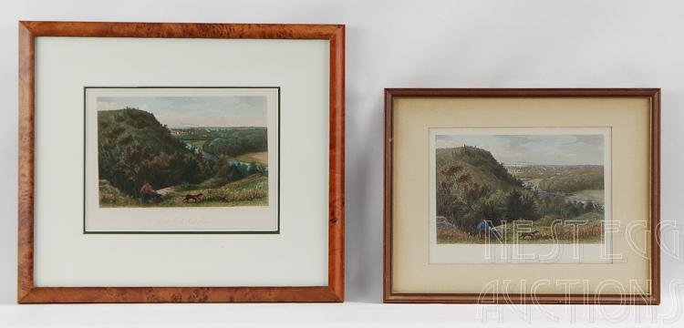 Group Of Two Tinted Lithographs East Rock New Haven CT: Two differently tinted versions of the same lithograph. East Rock, New Haven. Image features said view, with hunter and retriever dog. Good overall, one a bit more bright than the ot