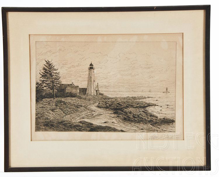 Print Of Lighthouse Point New Haven Connecticut Wiseman: Print signed by Robert Wiseman. Depicts Lighthouse Point park in New Haven Connecticut, on Long Island Sound. Light toning and fading, good overall. Measures approximately 18" x