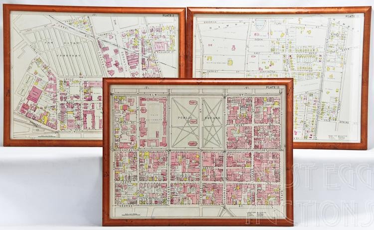 Three New Haven Connecticut Framed City Plans: Group of three framed city plans, plot plans, or plat maps for the downtown area of The City of New Haven. Locations include Yale University, New Haven Cemetery, New Haven Green, and many more.&