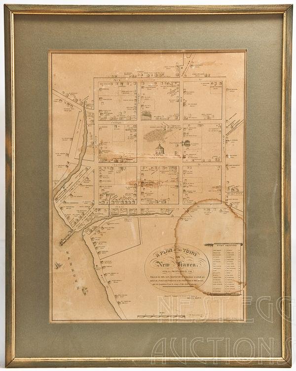 Antique Map Plan Of The Town Of New Haven 1748: Antique map of New Haven Connecticut. Dated 1748, likely published later. Toning, water spots, foxing, folds, paper loss, and creases. Not inspected out of frame. Fair.