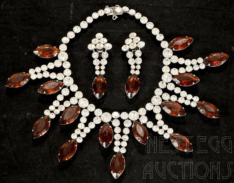 Brania Costume Jewelry Designed by Mimi Di N: Rhinestone collar necklace and matching earrings designed for Brania by Mimi Di N, also known as Princess Mimi di Niscemi, Mimi Din, and MIMIDIN. Mimi Di N designed jewelry for Brania from the l
