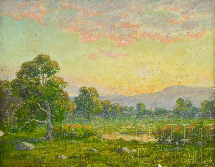 C.H. Sherman Salmagundi Club Thumb-Box: C.H. Sherman (American, New York, Early 20th Century) Oil on board landscape painting. Label on reverse from Salmagundi Club, Thumb-Box Exhibition. This landscape is titled "Sun