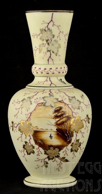 American Scenic Custard Glass Vase: American custard glass scenic, enamel decorated vase. possibly Mount Washington or New England Glass Company, similar to the enamel work of Thomas Webb. Very nice overall with minimal losses to the pa