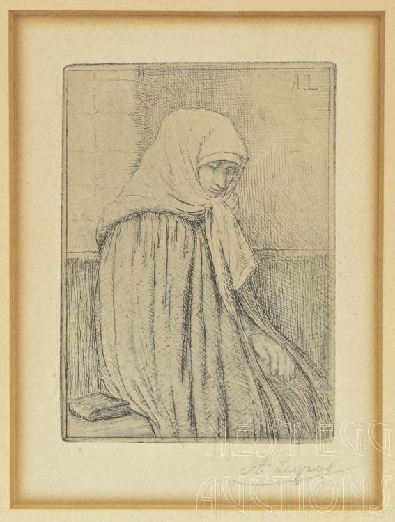 Alphonse Legros French 1837-1911: Alphonse Legros (French 1837-1911) signed print. Very good overall, not inspected out of frame. Minor toning, deep impression. Pencil signed lower right. Measures approximately