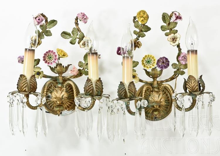 Pair of Early Mid Century Electrified Wall Sconces: Pair of early mid century (1930's-1950's) electrified wall sconces. Cast metal, crystal, and porcelain. Designed to accommodate two candelabra base bulbs each. Electrical components by Circle F. Very 