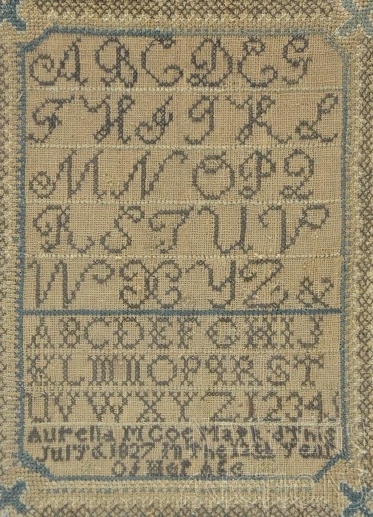 1827 Schoolgirl Alphabet Sampler Framed: Alphabet Sampler, by Aurella M. Coe. July 6th 1827, twelve years old. Good overall, some toning, but uniform, appears complete. Not inspected out of frame. Visible area measures approximately 7.75" x 