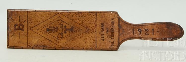 Yale University Psi Upsilon Fraternity Paddle 1921: Yale University of New Haven, Connecticut PSI UPSILON Fraternity Paddle, dated 1921. Given to James "Jim" Babb by Phil Cruikshank. Beautifully hand made wood craft. Babb later became a Yale University