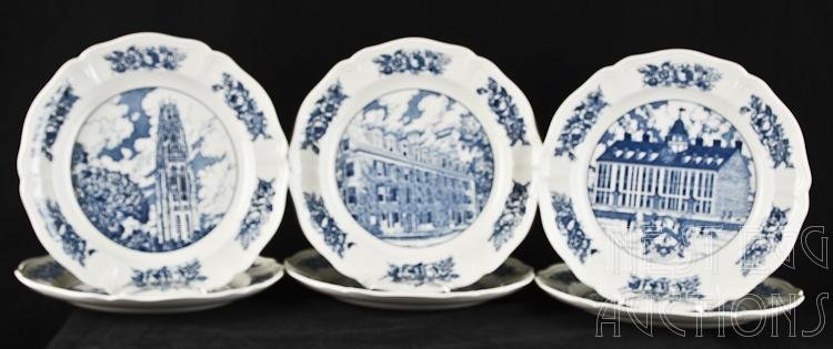 Six Yale University Wedgwood Plates: Six Wedgwood china plates featuring three Yale University buildings in New Haven Connecticut. Each plate measures approximately 10.5" in diameter. All are in excellent condition, two plates of each de