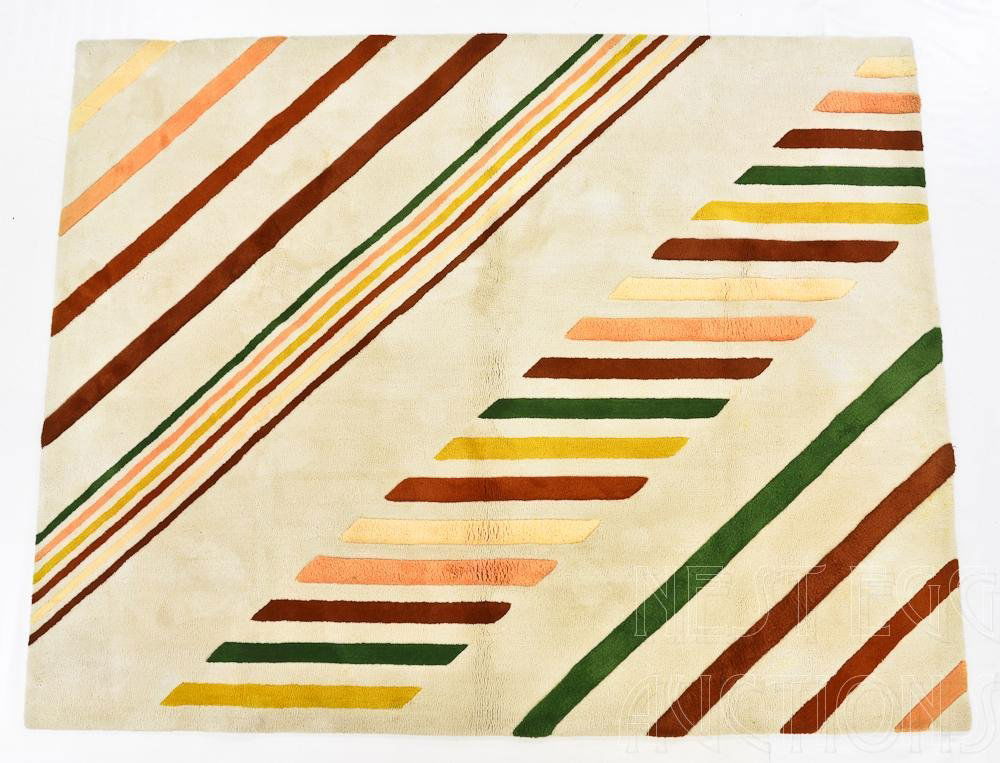 Edward Fields 1970's Custom Wool area rug / Carpet: Dated 1980, Signed en verso. In Cream, Orange, Green, and Yellow. Striking Modern Design, Freshly Cleaned. areas of discoloration. Excellent condition. 96" x 120"
