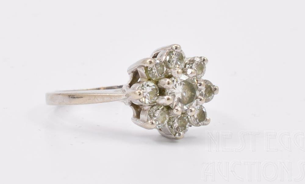 Ladies 14k White Gold Diamond Snowflake Ring: size 6.25, excellent condition, approximately 1.5 TCW. small nick in bottom center of band. 2.1 dwt / 3.4 g