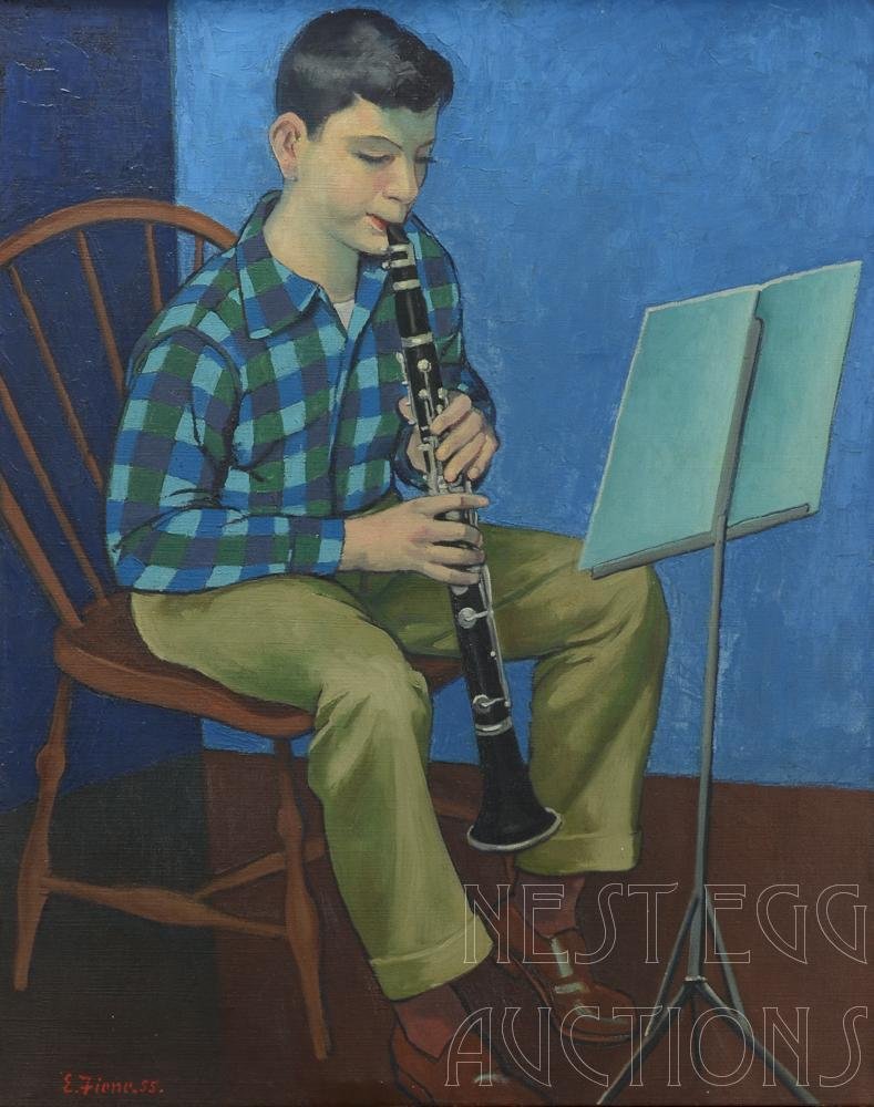 Ernest Fiene 1894-1966 Julian Playing the Clarinet: Oil on Canvas, work measures 29" x 36" frame measures 47" x 39" Signed E. Fiene 55 LL. Excellent condition. Provenance: Obtained by the current owner from the artist. The current owner is also the sit