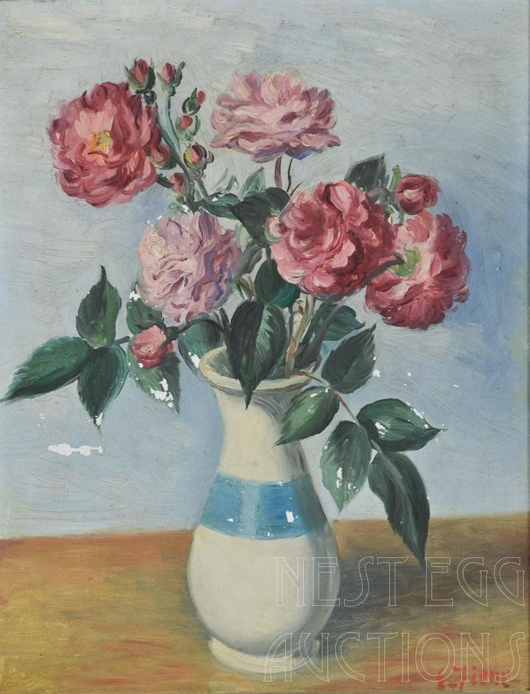 Ernest Fiene Oil on board Still Life: Work Measures 17" x 13" frame measures 21" x 24" center surface of the work shows paint loss.