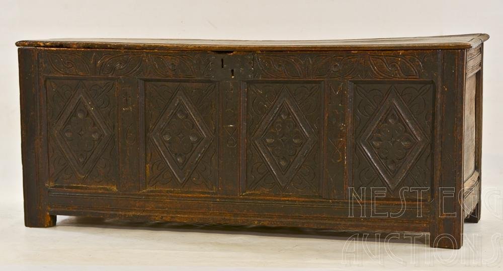 17th Century English Oak Lift Top Chest: Inscribed I E M 1688, Many Repairs, and restorations: 22" H x 53" W x 17.5" D
