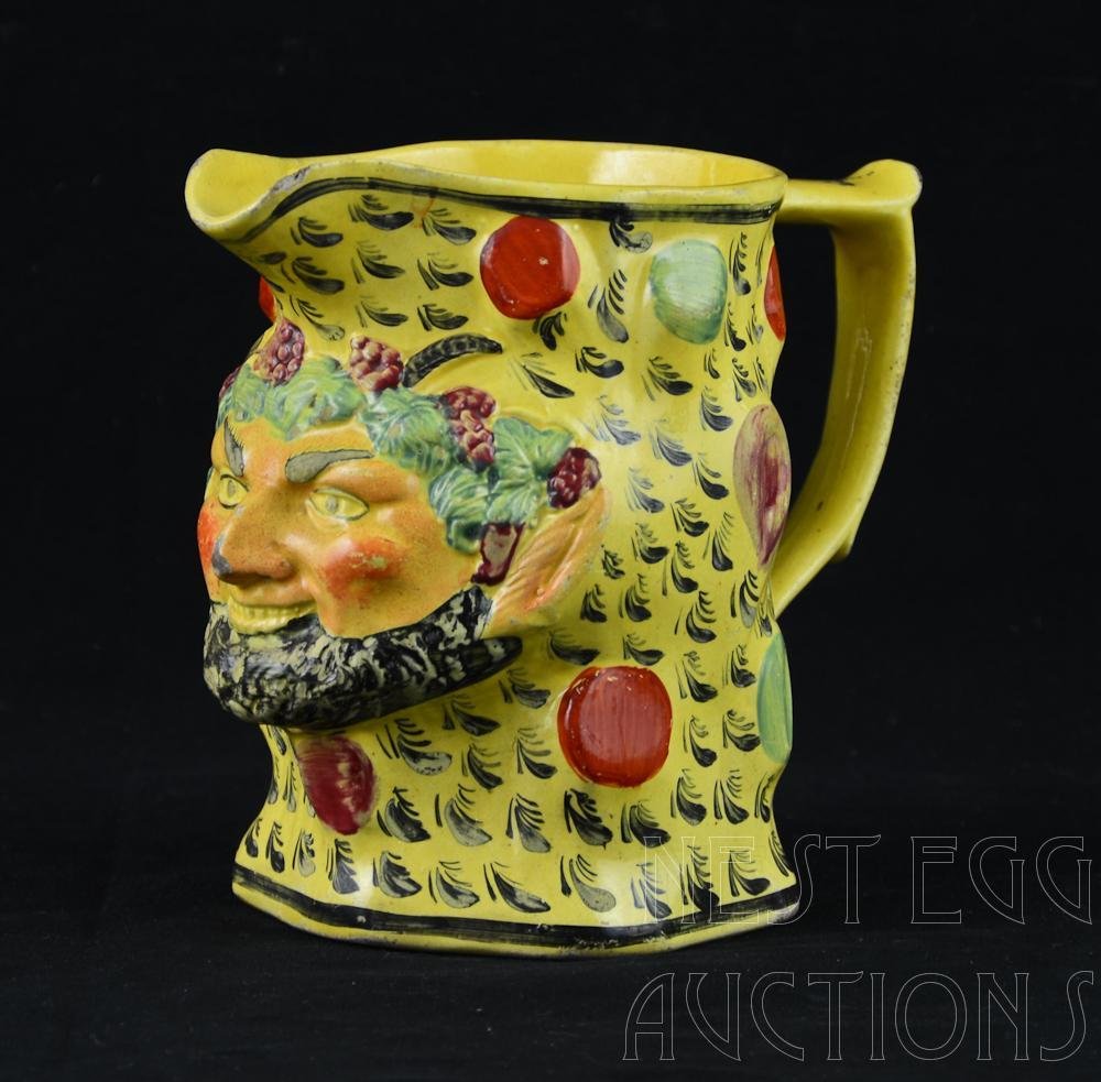 Antique Staffordshire Yellow Pottery Jug C.1820: A quality pottery Staffordshire yellow jug produced C.1820. ; ; The jug stands 5.25 inches / 6 inches in diameter from spout to handle. There is some minor shelf ware and a small chip on the spout.