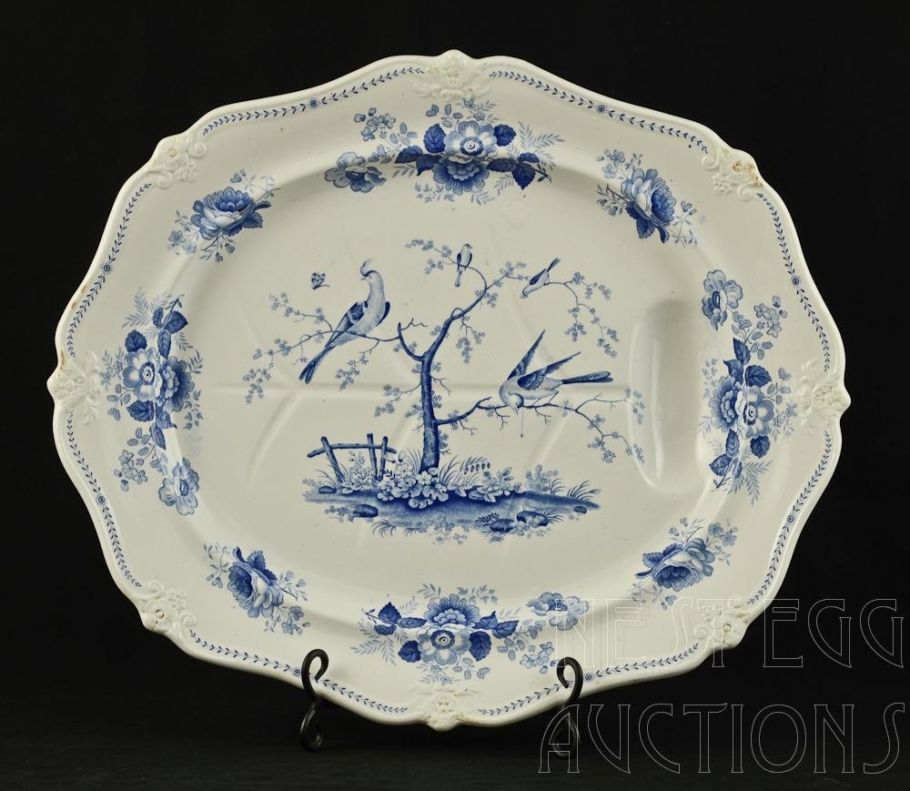 English blue & white transferware meat platter: 22" x 19" Overall very good to excellent condition with only minor utensil marks to center surface, some light oxidation at high molded points. No cracks, Damage or repairs detected. Marked on the bot