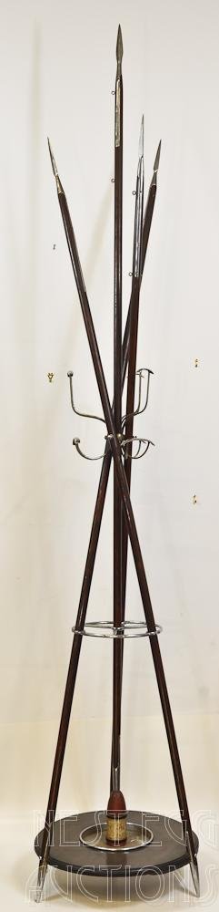 English Oak Pike Hall Tree Umbrella Stand Hat Rack: Early 20th Century English Oak handled Pike and Chrome Plated Hall tree, Hat Rack and Umbrella stand. This would look perfect in your Castle, placed right next to an arms and antique suit of armor col