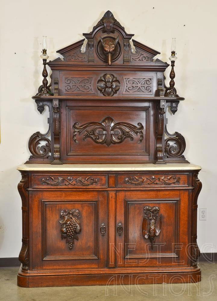 Renaissance Victorian Marble Top Sideboard in Walnut