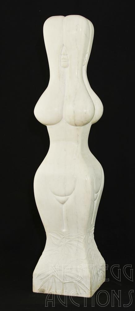 Paul Richard Perras 1931-2011 Marble Sculpture: Modern Figural Nude Abstract Totem Carving of Solid White Marble. Signed on Base: Paul Perras 1975. 36" x 8" x 8" Excellent condition. Paul Richard Perras was a Resident of Avon CT, He exhibited at th