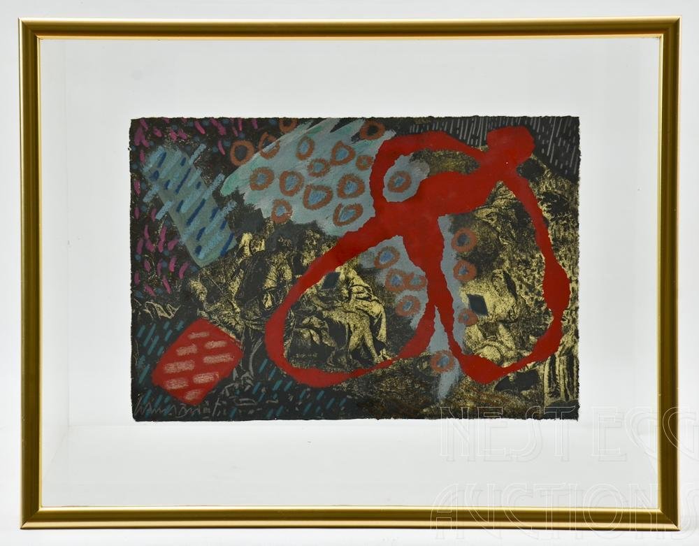 Warren Brandt American 1918-2002: Mixed media Silkscreen and Enamel paint on paper. work measures 10" x 7". Framed between two pieces of glass. Back reads: Aubusson H. ST. #51 fro Mr. and Mrs. Heller Bobbie & Mickey it was a great ple