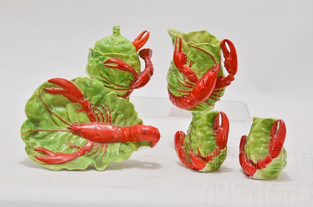 5 pc German Porcelain Lobster / Crayfish Set: Most likely made in Germany, unmarked. Could be used for any shellfish occasion! Includes; Small dish: 6.5" x 4.5" Chutney or mustard pot: 4" x 4" Creamer or small pitcher 4" x 4" (with small nick at