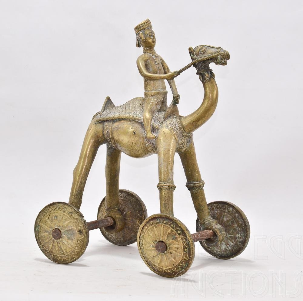 Antique Brass Child's Pull Toy Camel & Rider: Middle Eastern or India, Very good age. 13" H x 9" L x 7" W