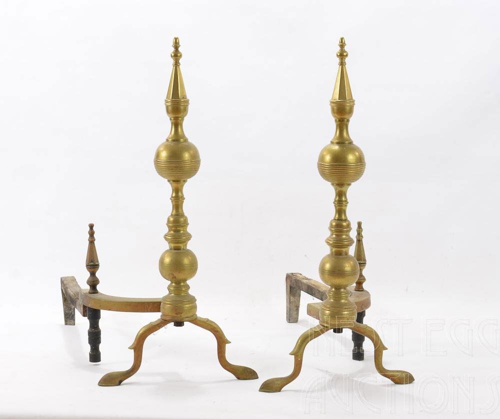 Pair of Federal Brass ball and spire top Andirons: Labeled illegibly "Boston" Likely 19th Century. 22" Tall, 23" Deep, 10.5" Wide
