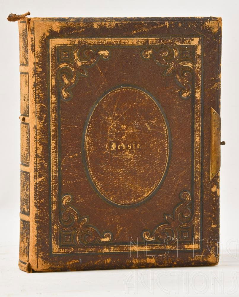19th C. Victorian American Photo Album: With Civil war and identified Cabinet Cards, Tintypes, and CDV's including Abraham Lincoln, and John Wilkes Booth, plus portraits, buildings and Art CDV Photos. In leatherbound album, over 80 Photos,
