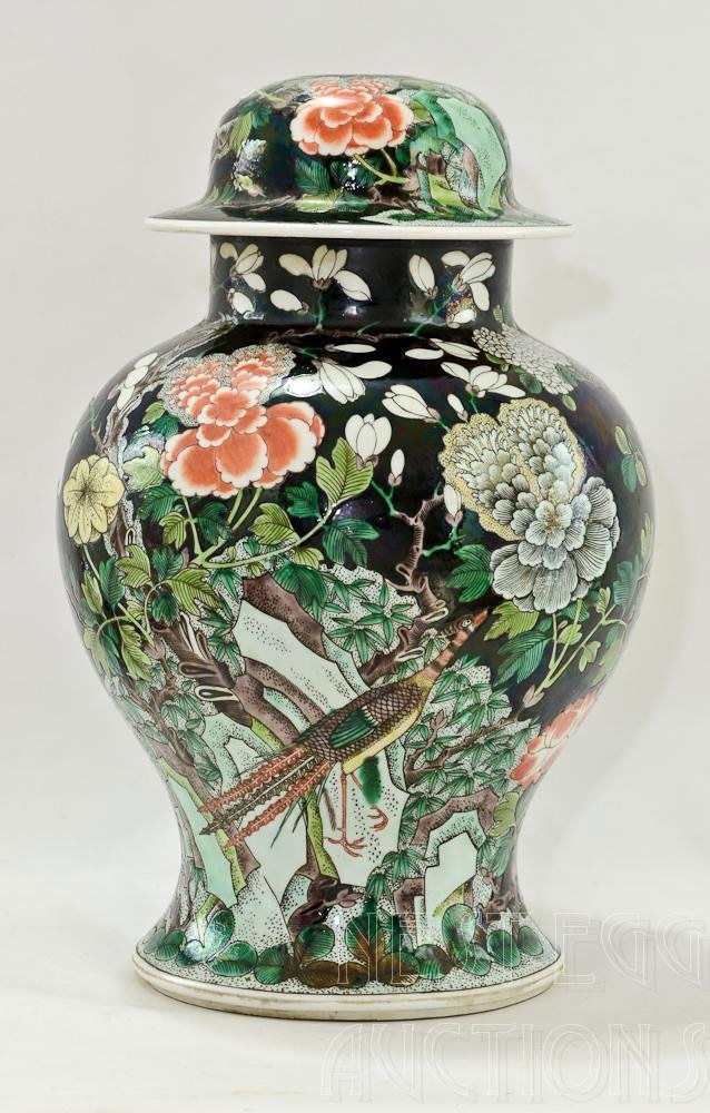 Famille Noir Chinese Porcelain Jar: 19th Century or earlier, Previously Fitted as a Lamp. Knob Finial Missing, Bottom Drilled. 17" x 11"
