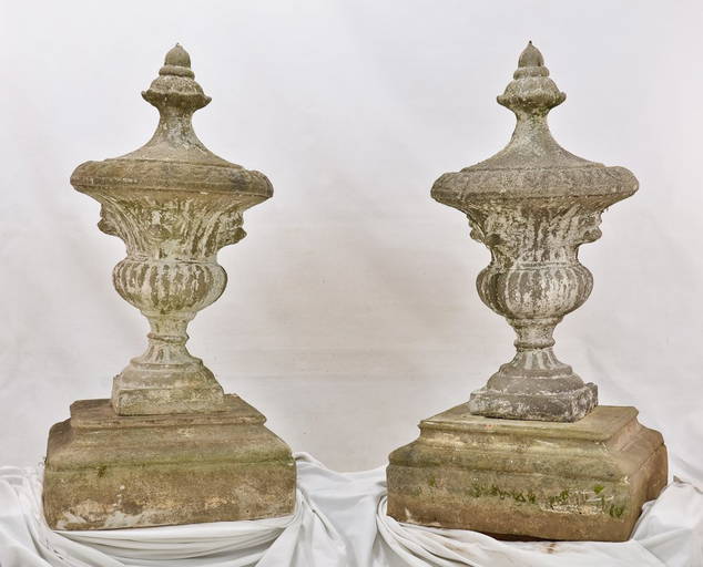 Pair Victorian Concrete Garden Urns Finials