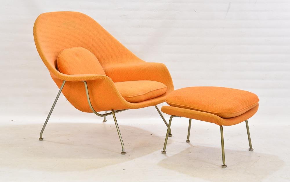 Eero Saarinen for Knoll: Womb chair & ottoman: In orange tweed upholstery, original Knoll Labels, some sun fading and contact darkening to fabric at places. overall solid and good. light oxidation to steel tubing. Chair: 35" H x 39" W x