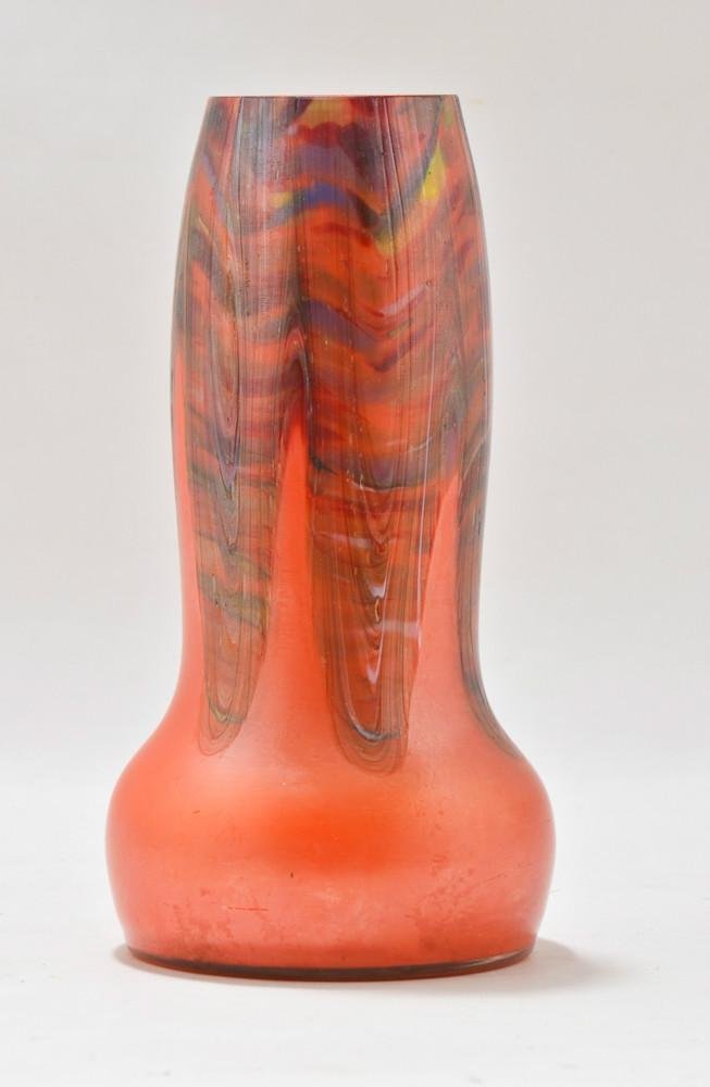 9" Bohemian art glass vase: Possibly Loetz Titania Orange, Rindskopf pulled feather, or Kralik. Unsigned. Excellent Condition, fine shelf wear, original label from retailer: Bison's Art & Gifts Meriden CT.