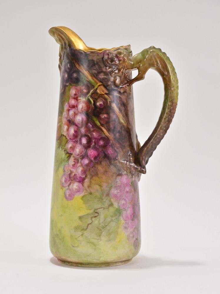 J.P. Limoges porcelain figural dragon pitcher: Excellent condition, fantastic hand painted all-over grapes, Interior gilt paint, bottom signed: F.N.R. for C.M.R. May 25th 1903, 11" Tall.