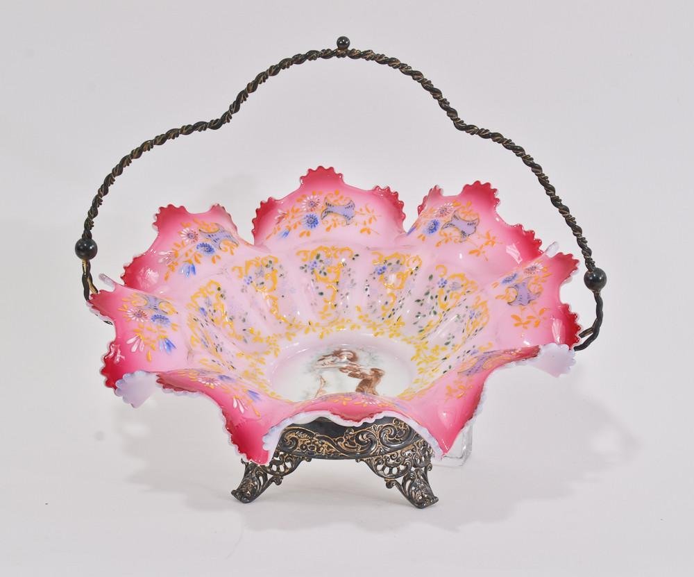 Victorian silverplate & art glass brides basket: Cased White and pink glass insert with enamel and transfer decoration, excellent condition, silver plate frame with some plate wear, 12" x 12"