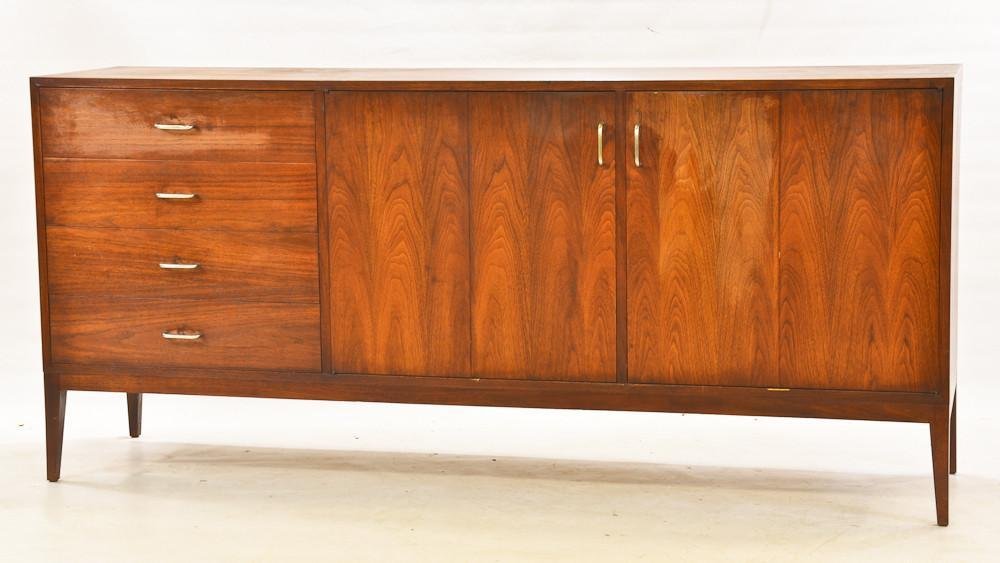 Danish Modern low dresser / vanity: walnut & steel: Unsigned, areas of normal wear to top, and front of top drawer, with fold out mirror and makeup station. 33" H x 72" W x 18" D