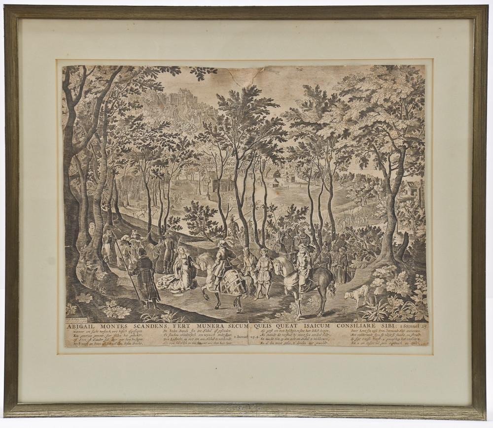 Nicolaes de Bruyn 1608 biblical engraving: Nicolaes de Bruyn Abigail Montes Scandens, Fert Munera Secum, Queis Queat Isaicum Consiliare Sibi (Abigail before David), 1 Samuel 25:4, from a group of Biblical illustrations printed by C.J. Visscher