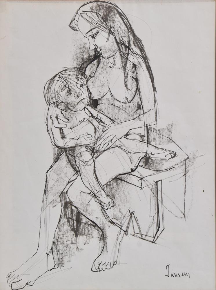 Jean Jansem (French/Armenian b. 1920) Ink Drawing: Ink and Marker on artist paper. Woman breastfeeding a child. Signed Jansem lower right. Work measures approx 21" x 27" (by sight), frame measures 28" x 34" not inspected out of the