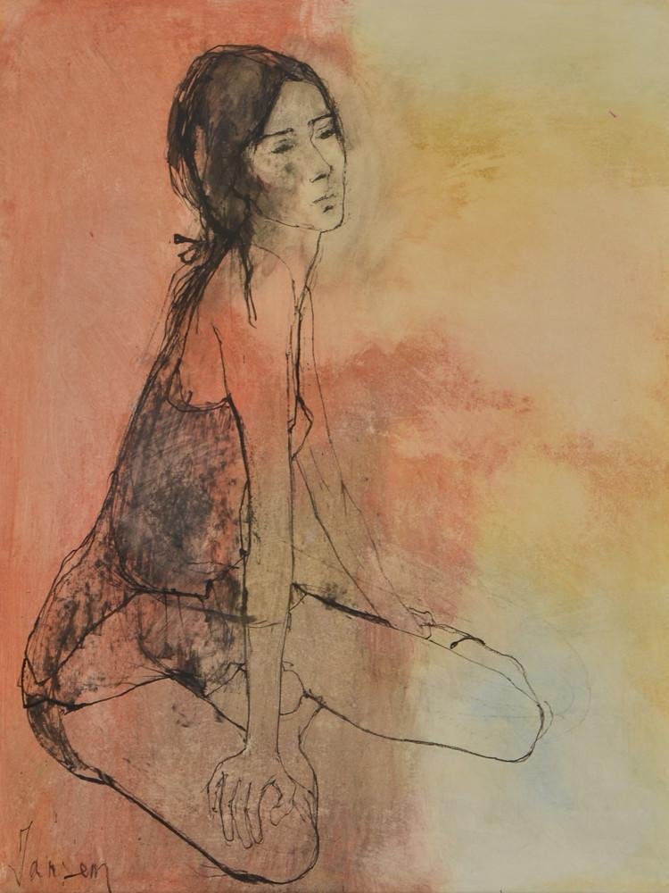 Jean Jansem (French/Armenian b. 1920) Mixed Media: Ink, charcoal and color wash on paper. Kneeling female figure, originally purchased from Wally F. Galleries in the 1960's. Label affixed to back of frame, Wally Findlay painting number: 28029. work me