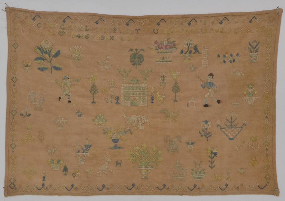 Antique needlepoint sampler dated 1829: approximately 15" x 11". framed under glass, not inspected out of the frame. Alphabet, figures of people, a house, dogs, and cats. Signature appears to be LUCIA . V E R DIANI together with a