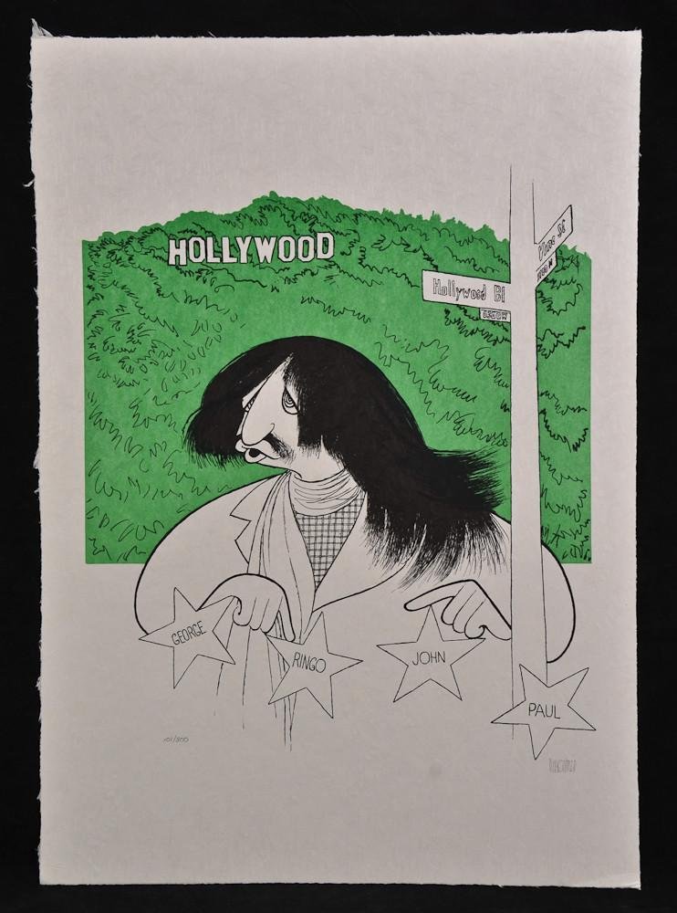 Al Hirschfeld: Ringo Starr in Hollywood Lithograph: Cartoon of Ringo Starr standing on the corner of Hollywood Blvd. and Vine St. with the Beatles names in Stars below, 16" x 22.5" Edition: 101/300 Pencil signed lower right. Excellent conditi
