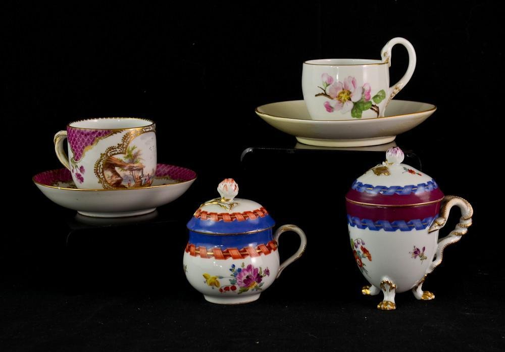 Group of 4 Pcs German porcelain: A hand painted Meissen Floral Teacup with figural swan handle, (saucer repaired), A hand painted Meissen teacup with seascape Vienna-style painted cartouches, (Cup Good, Saucer repaired), a covered Me