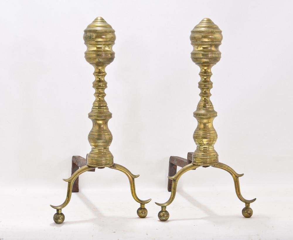 Pair of antique classical style beehive andirons: 17.75" Tall, 16" Deep, 9.5" Wide. wrought Iron, 18th Century, excellent condition.